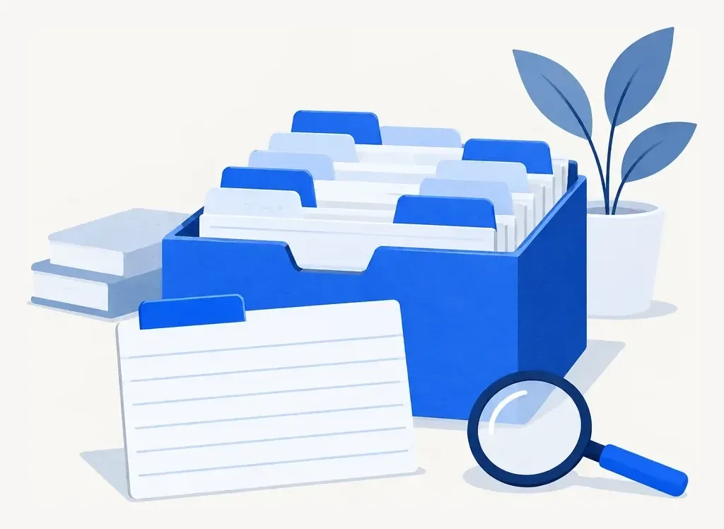 An index-card box of tabbed blue cards, one card lifted out in front, with a magnifying glass beside it.